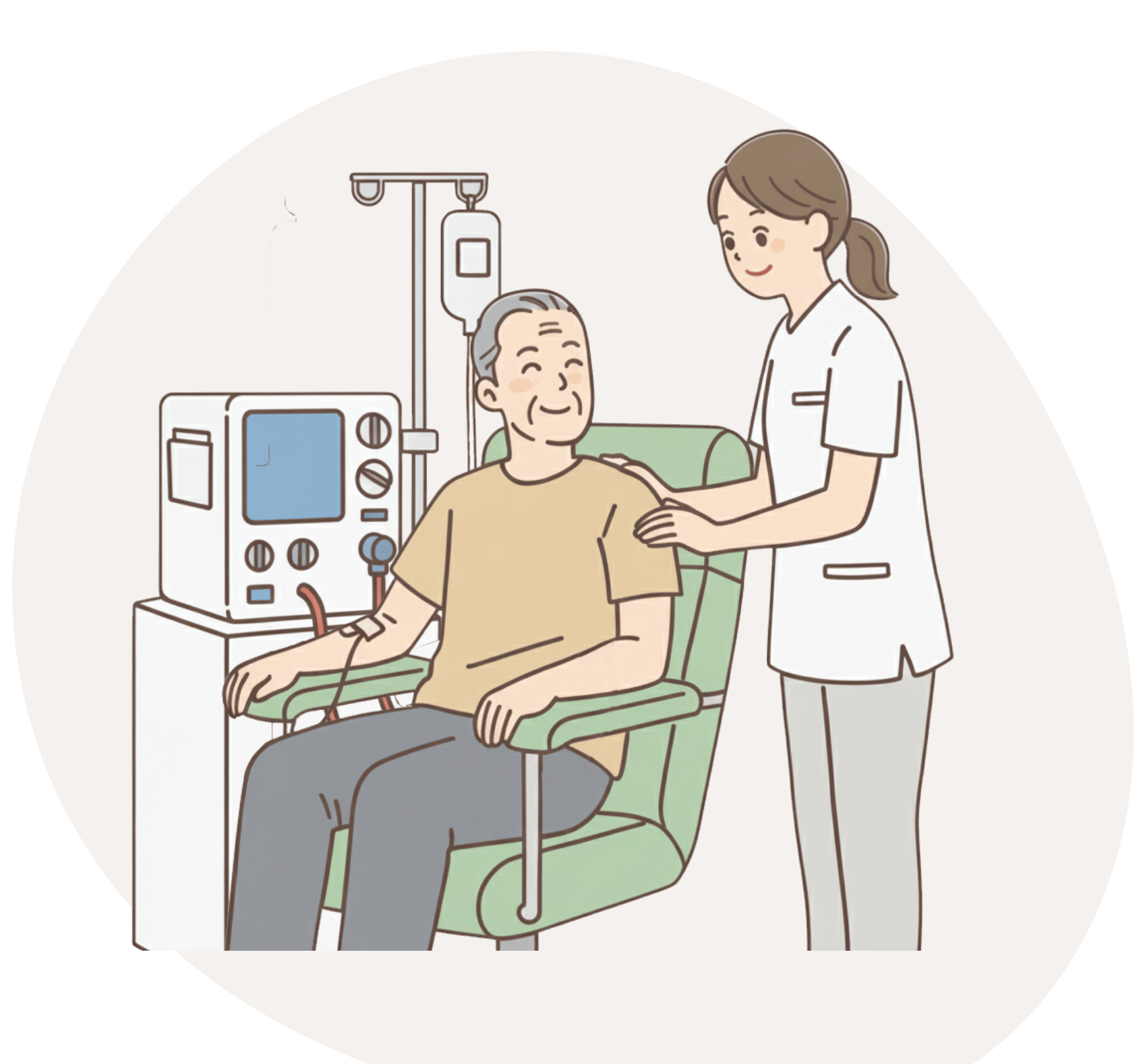 透析をしている患者さんと看護師のイラスト