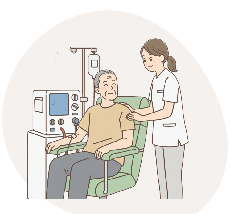 透析検査をしている患者さんと看護師のイラスト