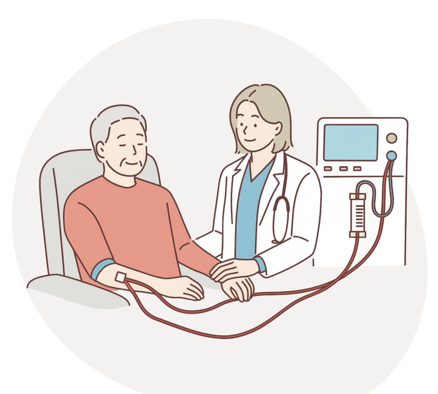 透析中の患者さんを確認している医師のイラスト